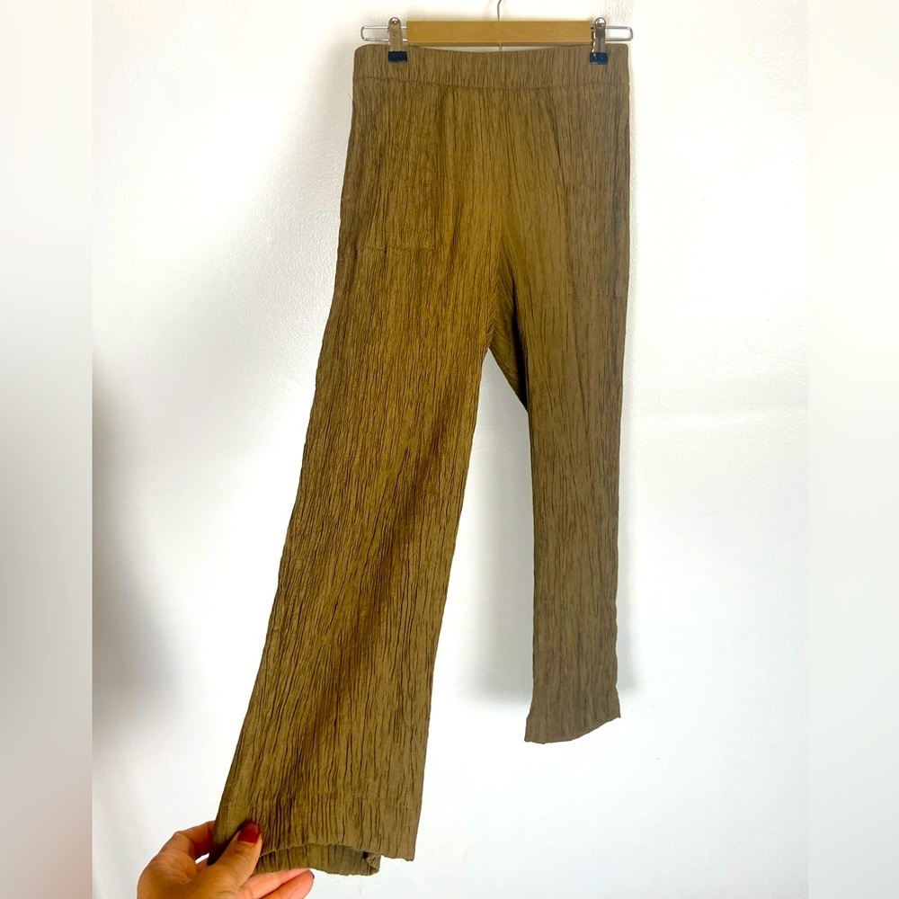 Zara‎ Crinkle Pull On Pants Size S Color Green Metallic Fabric Side Pockets